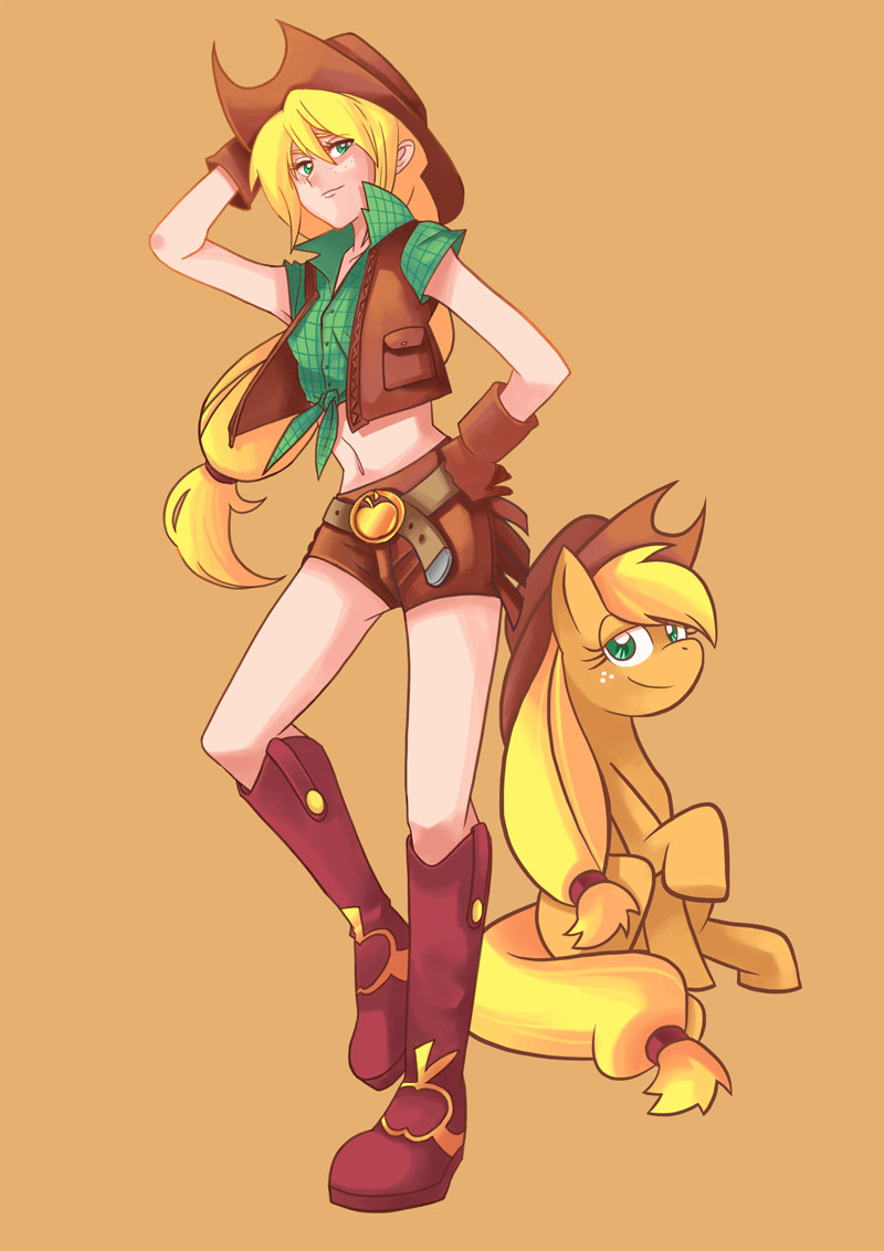 apple applejack belt belt_buckle blonde_hair boots buckle cowboy_hat dual_persona food freckles fringe_trim fruit gloves green_eyes hand_on_headwear hand_on_hip hat holding long_hair low-tied_long_hair midriff my_little_pony my_little_pony_friendship_is_magic orange_background personification ponytail shirt shorts tied_shirt vest western wong_ying_chee