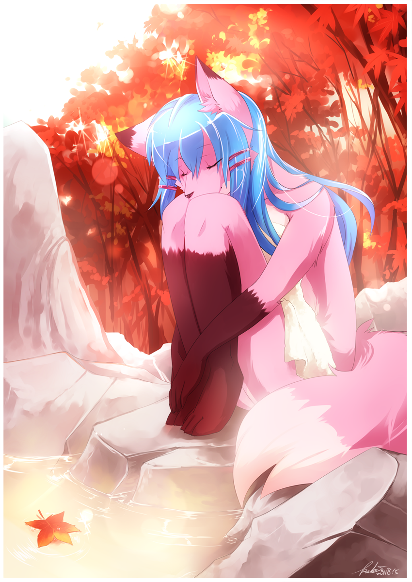 canine eyes_closed female fox hot_spring kubikitsune mammal nude sitting solo takimi towel water