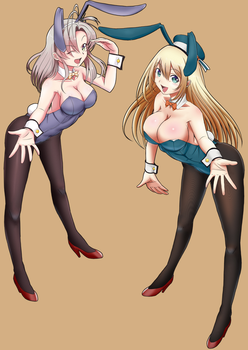 &gt;;d 2girls :d ;d adapted_costume alternate_costume animal_ears antenna_hair aqua_eyes aqua_hat aqua_leotard asymmetrical_bangs atago_(kantai_collection) bangs bare_arms bare_shoulders beret black_legwear blonde_hair blue_hat blue_leotard bow bowtie breasts brown_background bunny_ears bunny_girl bunny_tail bunnysuit cleavage covered_navel detached_collar eyebrows_visible_through_hair fake_animal_ears female full_body green_eyes grey_hair grey_leotard hair_between_eyes hair_tie hand_up hat high_heels highres kantai_collection kinugasa_(kantai_collection) large_breasts leaning leaning_forward leotard long_hair looking_at_viewer medium_breasts mokerou multiple_girls neck one_eye_closed open_mouth orange_neckwear orange_ribbon outstretched_arm outstretched_hand pantyhose purple_leotard red_footwear ribbon simple_background smile solo strapless strapless_leotard tail wink wrist_cuffs yellow_neckwear yellow_ribbon