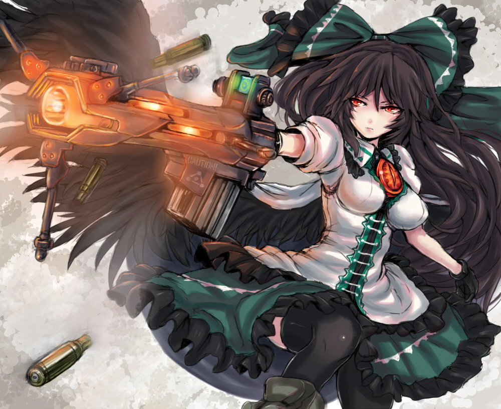 alternate_weapon arm_cannon black_hair black_legwear black_wings bow breasts cape gloves green_bow hair_bow impossible_clothes impossible_shirt medium_breasts orange_eyes panzer red_eyes reiuji_utsuho shell_casing shirt skirt solo thighhighs third_eye touhou weapon wings zettai_ryouiki