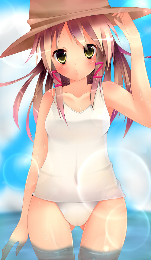 alza arm_up bad_id bad_pixiv_id bare_shoulders blonde_hair blue_sky blush cloud day hair_ribbon hat lens_flare long_hair moriya_suwako one-piece_swimsuit ribbon school_swimsuit sky solo standing swimsuit touhou water white_school_swimsuit white_swimsuit yellow_eyes