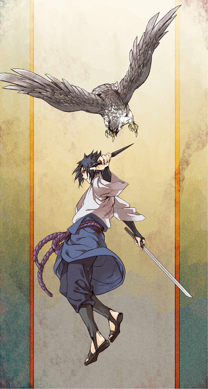 bird black_hair dual_wielding hawk highres holding katana kunai male_focus naruto naruto_(series) naruto_shippuuden shiga_(nattou_mo) solo sword uchiha_sasuke weapon