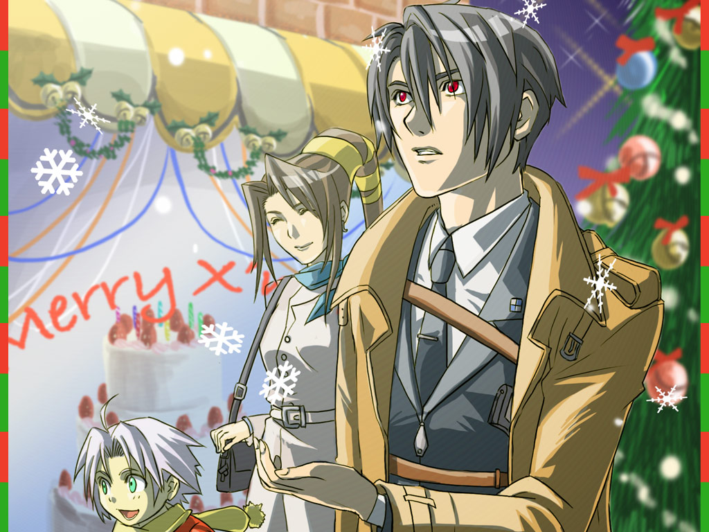 bad_id bad_pixiv_id black_hair brown_hair cake character_request christmas christmas_tree closed_eyes coat dirge_of_cerberus_final_fantasy_vii final_fantasy final_fantasy_vii food formal green_eyes hariyama_(toubou_tengoku) long_hair lucrecia_crescent red_eyes short_hair snow suit turks vincent_valentine weiss_the_immaculate white_hair younger