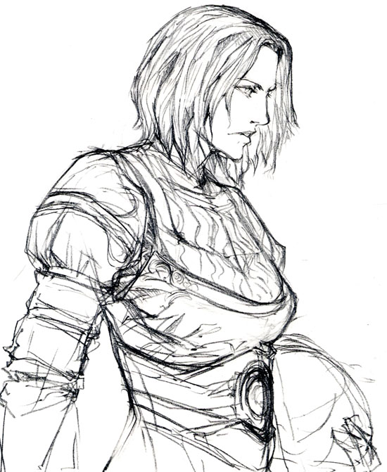 armor breastplate demon's_souls greyscale ikeda_masateru monochrome realistic selen_vinland short_hair simple_background sketch solo souls_(from_software) upper_body white_background