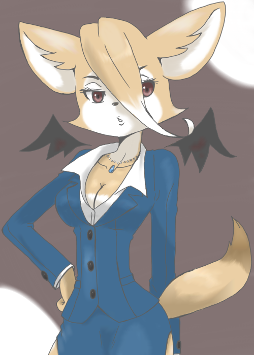 canine clothed clothing female fox looking_at_viewer mammal pose solo standing suit unknown_artist wings