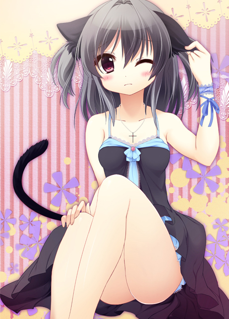 animal_ears bad_id bad_pixiv_id bare_shoulders blush cat_ears cat_tail cross dress ear_pull grey_hair jewelry long_hair necklace one_eye_closed original red_eyes ribbon shiramori_yuse solo tail twintails