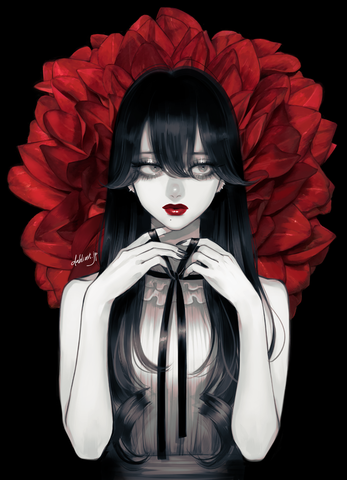 1girl black_background black_hair ear_piercing eyelashes flower frills grey_eyes hair_between_eyes hands_up limited_palette lips lipstick long_hair looking_to_the_side makeup mole mole_under_mouth monochrome nail_polish original piercing red_lips ribbon sanpaku solo spot_color takenaka