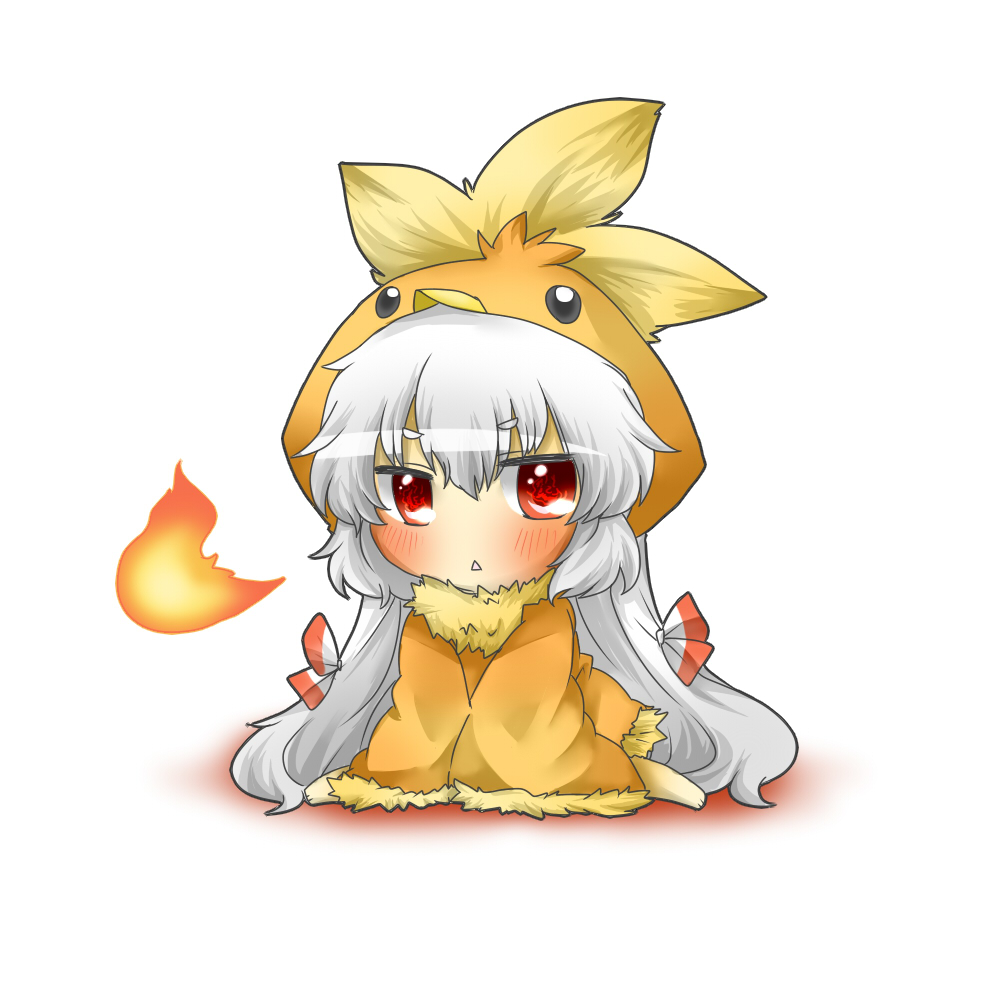 :&lt; animal_costume bad_id bad_pixiv_id breathing_fire chibi cosplay fire flame fujiwara_no_mokou gen_3_pokemon kneeling long_hair open_mouth pokemon rebecca_(keinelove) silver_hair simple_background solo torchic torchic_(cosplay) touhou very_long_hair white_background