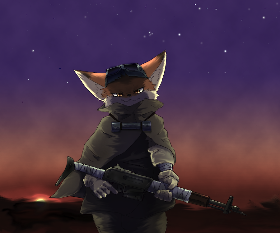 desert eyewear fox goggles gun looking_at_viewer male mammal rag. ranged_weapon solo stars sunset weapon