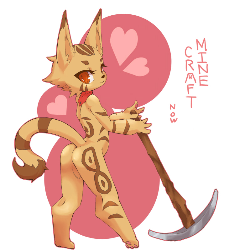 &hearts; anthro butt cat feline female higoro looking_at_viewer looking_back looking_over_shoulder mammal minecraft nude pickaxe pose red_eyes solo standing video_games