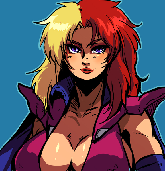 bad_id bad_pixiv_id blonde_hair blue_eyes breasts center_opening chara_soon cleavage elbow_gloves eyeshadow gloves gundam gundam_zz large_breasts lips lipstick long_hair makeup multicolored_hair no_bra osomo_(hachilow) red_hair shoulder_pads solo two-tone_hair