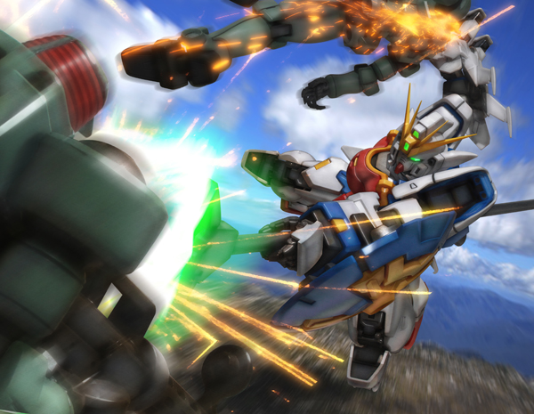 cloud day gun gundam gundam_wing leo_(mobile_suit) mecha motion_blur no_humans polearm robographer shenlong_gundam shield sky sparks stabbed stabbing trident weapon