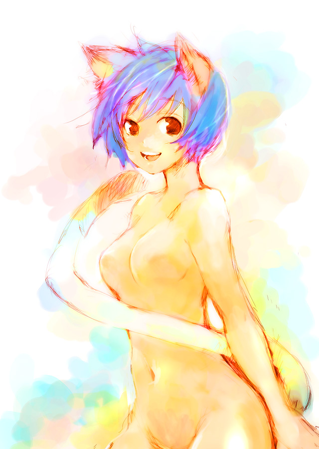 animal_ears bad_id bad_pixiv_id blue_hair breasts cat_ears cat_tail medium_breasts nomoto nude original red_eyes short_hair sketch smile solo tail