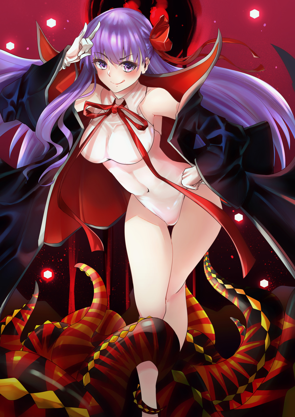 1girl bb_(fate)_(all) bb_(swimsuit_mooncancer)_(fate) black_coat breasts covered_navel eyebrows_visible_through_hair fate/grand_order fate_(series) feet_out_of_frame gloves highleg highleg_leotard highres large_breasts leaning_forward leotard long_hair looking_at_viewer popped_collar purple_eyes purple_hair red_ribbon ribbon shumiao solo tentacle tsurime white_gloves white_leotard