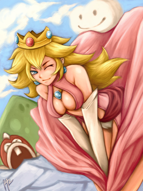 blonde_hair blue_eyes boss_bass breasts center_opening cleavage cloud crown day dress dress_tug earrings eddie_spaghetti elbow_gloves fish gloves jewelry large_breasts long_hair mario_(series) one_eye_closed open_mouth panties pink_dress princess_peach signature smile solo super_mario_bros. underwear wind wind_lift