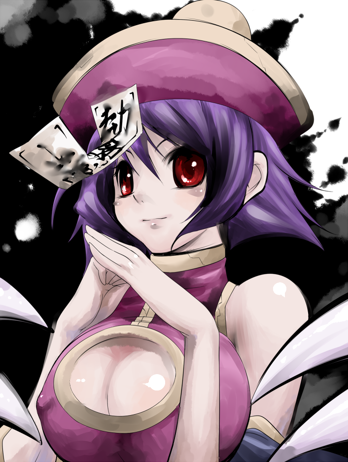 bare_shoulders blue_hair breasts chinese_clothes cleavage cleavage_cutout grey_skin hat jiangshi katori_(mocchidou) large_breasts lei_lei red_eyes short_hair solo vampire_(game)