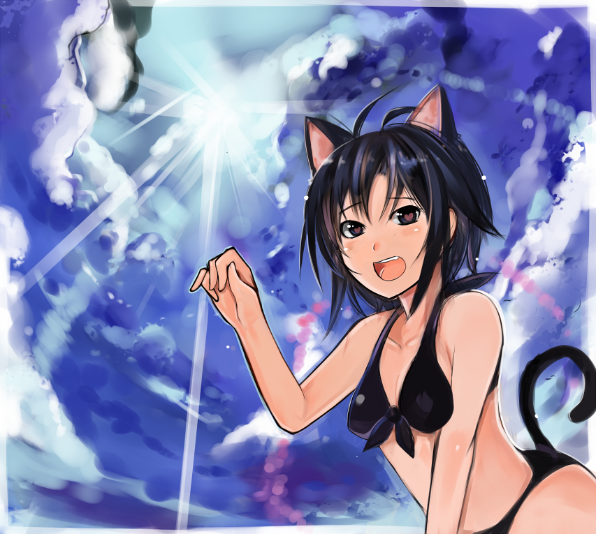 animal_ears bikini black_hair breasts cat_ears cleavage cloud day front-tie_top heart heart-shaped_pupils idolmaster idolmaster_(classic) kemonomimi_mode kikuchi_makoto light_rays long_hair medium_breasts nerotarou@seven open_mouth paw_pose smile solo sunbeam sunlight swimsuit symbol-shaped_pupils