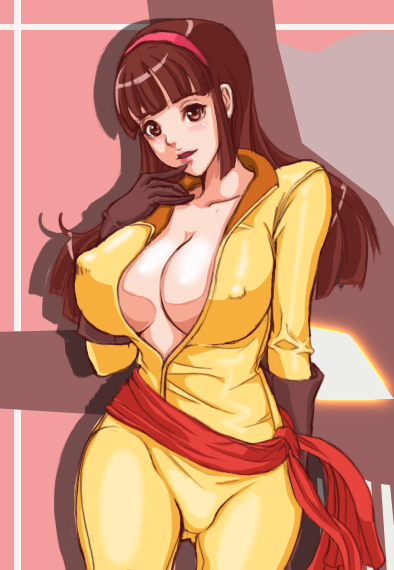 bodysuit breasts brown_hair center_opening cleavage erect_nipples gloves large_breasts mazinger_(series) mazinger_z pilot_suit skin_tight tight_clothing touei yumi_sayaka