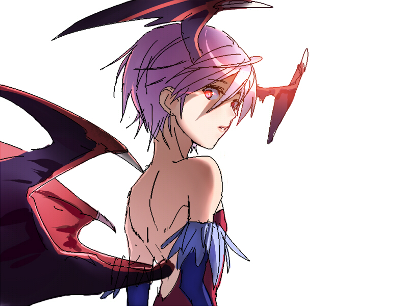 bad_id bad_pixiv_id bare_shoulders bat_wings elbow_gloves flat_chest gloves glowing glowing_eyes head_wings lilith_aensland looking_back mizore_syrup purple_hair red_eyes short_hair solo vampire_(game) white_background wings