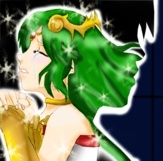 absurdres green_eyes green_hair hands_clasped highres jewelry kid_icarus long_hair nintendo off_shoulder official_art palutena shield silhouette tears thighhighs tiara very_long_hair