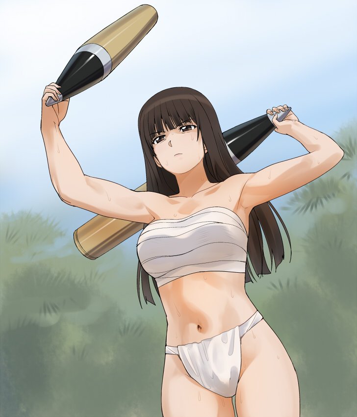 1girl a1 bangs bare_arms bare_legs bare_shoulders black_hair blunt_bangs breasts brown_eyes bush closed_mouth collarbone commentary_request cowboy_shot expressionless eyebrows_visible_through_hair female fundoshi girls_und_panzer gradient gradient_background japanese_clothes large_breasts legs long_hair mature midriff navel neck nishizumi_shiho sarashi serious solo standing strapless tank_shell
