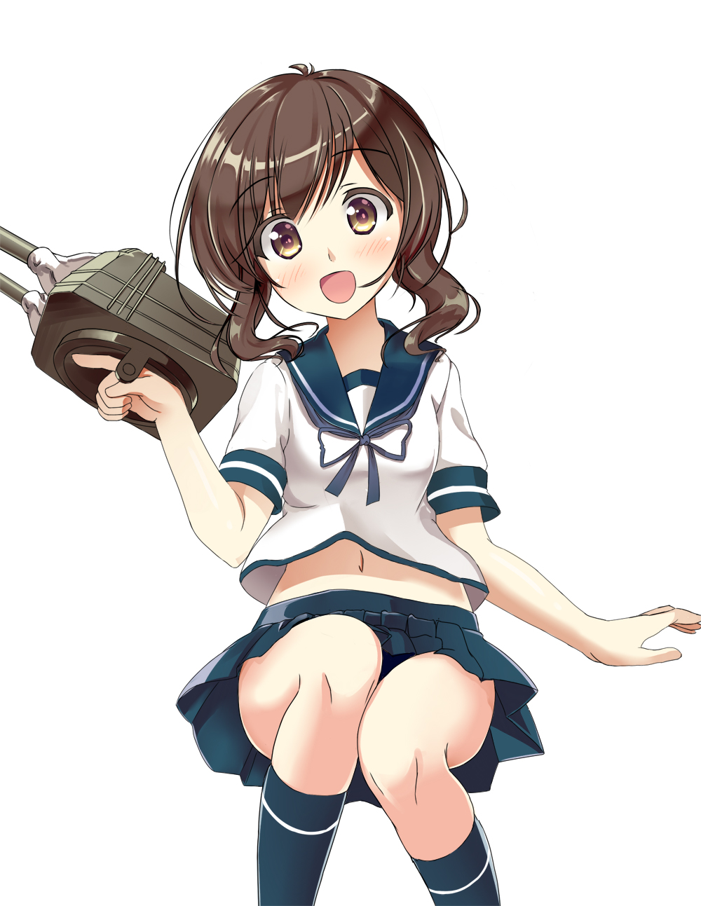 1girl adapted_turret black_legwear blue_sailor_collar blue_skirt brown_eyes brown_hair commentary_request feet_out_of_frame fubuki_(kantai_collection) highres invisible_chair kantai_collection kneehighs looking_at_viewer low_ponytail open_mouth pleated_skirt ponytail sailor_collar sakurano_yukke school_uniform serafuku short_ponytail sidelocks simple_background sitting skirt smile solo white_background