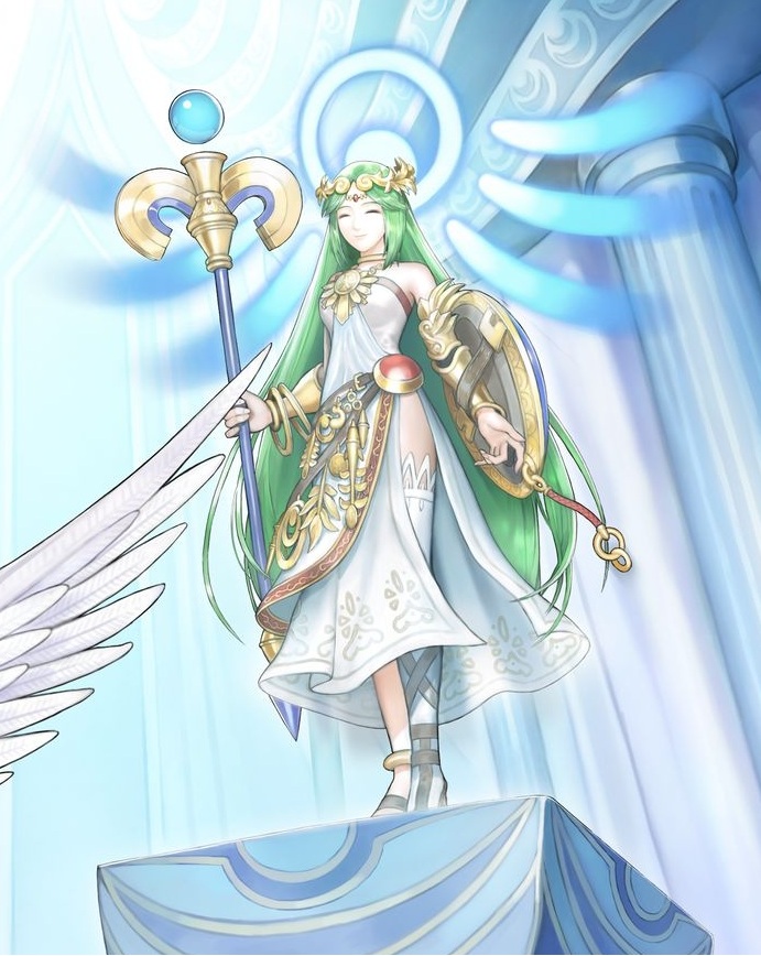 absurdres armor armpits bare_shoulders blush breasts choker circlet crown dress eggplant eggplant_wizard goddess green_eyes green_hair hat highres jewelry kid_icarus lala-kun large_breasts long_hair lots_of_jewelry lowres necklace nintendo off_shoulder official_art palutena pendant shield sitting solo tamamon thighhighs tiara vambraces very_long_hair