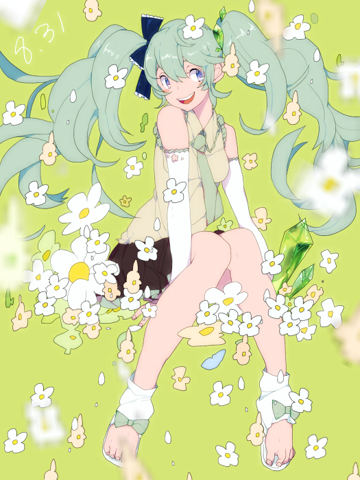 aqua_hair asakura bad_id bad_pixiv_id blue_eyes feet flower hatsune_miku long_hair open_mouth shoes sitting skirt smile solo twintails very_long_hair vocaloid