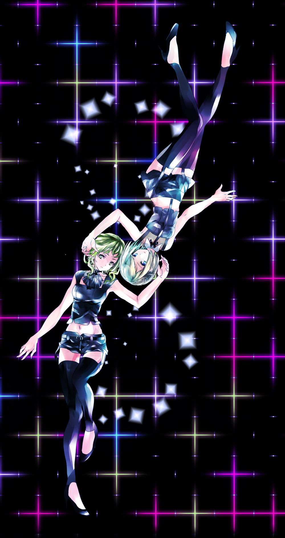 bad_id bad_pixiv_id blue_eyes blue_hair braid chemical_emotion_(vocaloid) choker cravat detached_collar ebisu_kana garters green_eyes green_hair gumi hand_on_another's_head high_heels highres kagamine_rin light_particles lying midriff multiple_girls navel necktie neon_lights on_back shoes short_hair side_braid sidelocks thighhighs toeless_legwear upside-down vocaloid zettai_ryouiki