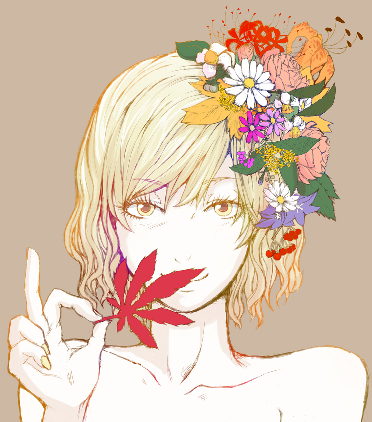 aki_shizuha bad_id bad_pixiv_id bare_shoulders blonde_hair daisy eyelashes face fingernails flower hair_flower hair_ornament hands holding leaf lily_(flower) looking_at_viewer maki_(huran) maple_leaf rose short_hair simple_background smile solo spider_lily touhou yellow_eyes