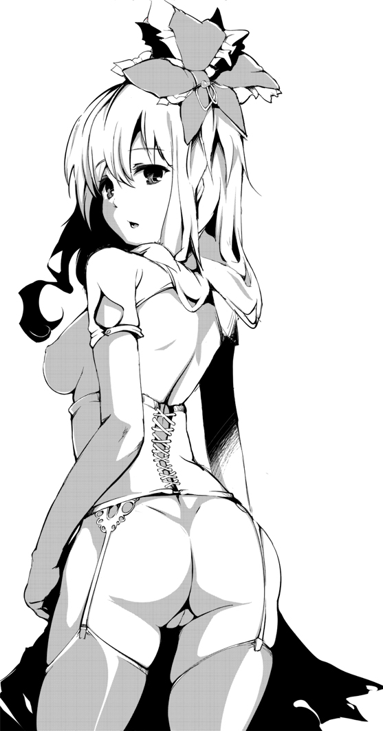 ass back bad_id bad_pixiv_id breasts cofepig corset from_behind garter_belt greyscale kagiyama_hina looking_back medium_breasts monochrome nipples nude pussy ribbon solo thighhighs touhou