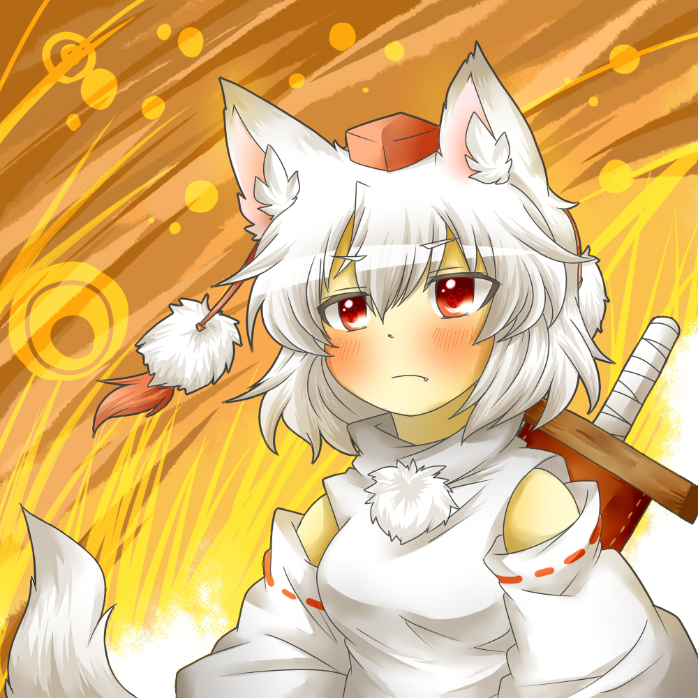animal_ears bad_id bad_pixiv_id blush detached_sleeves fang glaring hat inubashiri_momiji pom_pom_(clothes) rebecca_(keinelove) red_eyes shirt short_hair silver_hair solo sword tail tokin_hat touhou weapon wolf_ears wolf_tail