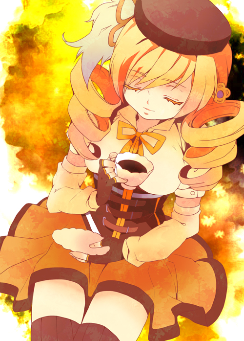 beret blonde_hair breasts closed_eyes corset cup detached_sleeves drill_hair fingerless_gloves gloves hair_ornament hat large_breasts leeori magical_girl mahou_shoujo_madoka_magica orange_skirt pleated_skirt shirt skirt solo striped striped_legwear taut_clothes taut_shirt tea teacup thighhighs tomoe_mami vertical-striped_legwear vertical_stripes yellow yellow_background