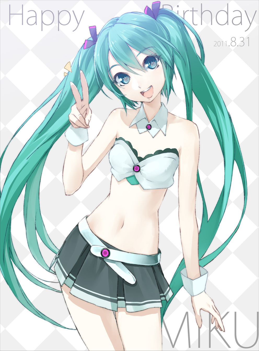 :d bad_id bad_pixiv_id bare_shoulders belt checkered checkered_background collar green_eyes green_hair happy_birthday hatsune_miku head_tilt highres long_hair midriff miniskirt navel open_mouth skirt smile solo twintails v very_long_hair vocaloid wrist_cuffs yahako