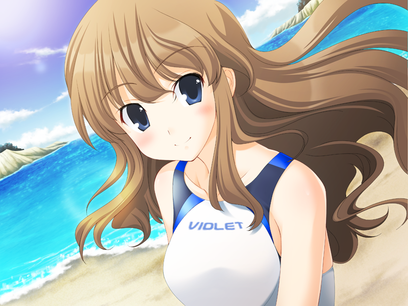 1girl beach bikini blue_eyes blush breasts brown_hair cleavage cliff cliffs closed_mouth cloud clouds game_cg kanae_riho koi_to_mizugi_to_taiyo_to large_breasts long_hair looking_at_viewer ocean one-piece_swimsuit one_piece_swimsuit outdoors outside pov sand sky smile solo sunlight sunshine swimsuit water waves white_bikini