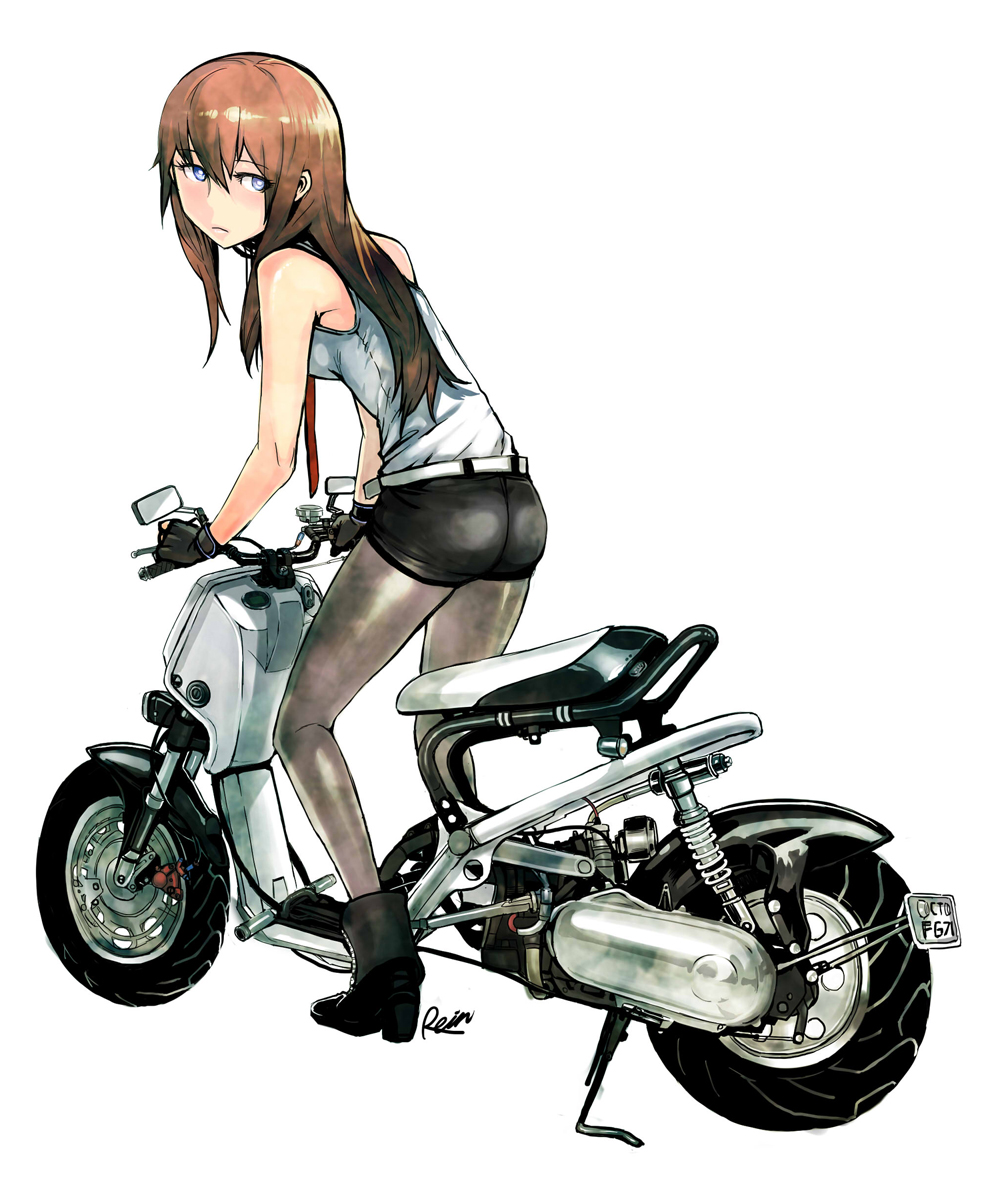 ankle_boots ass belt blue_eyes boots brown_hair from_behind gloves ground_vehicle legwear_under_shorts long_hair looking_back makise_kurisu motor_vehicle pantyhose rein00 scooter shorts solo steins;gate