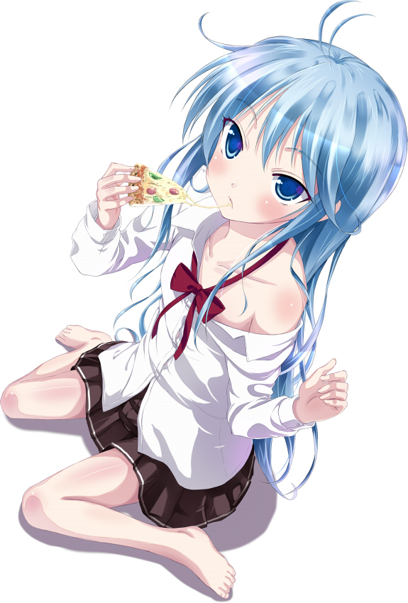 ahoge bare_shoulders barefoot blue_eyes blue_hair collarbone denpa_onna_to_seishun_otoko food full_body holding_pizza ink_(artist) long_hair off_shoulder pizza simple_background sitting skirt solo touwa_erio wariza