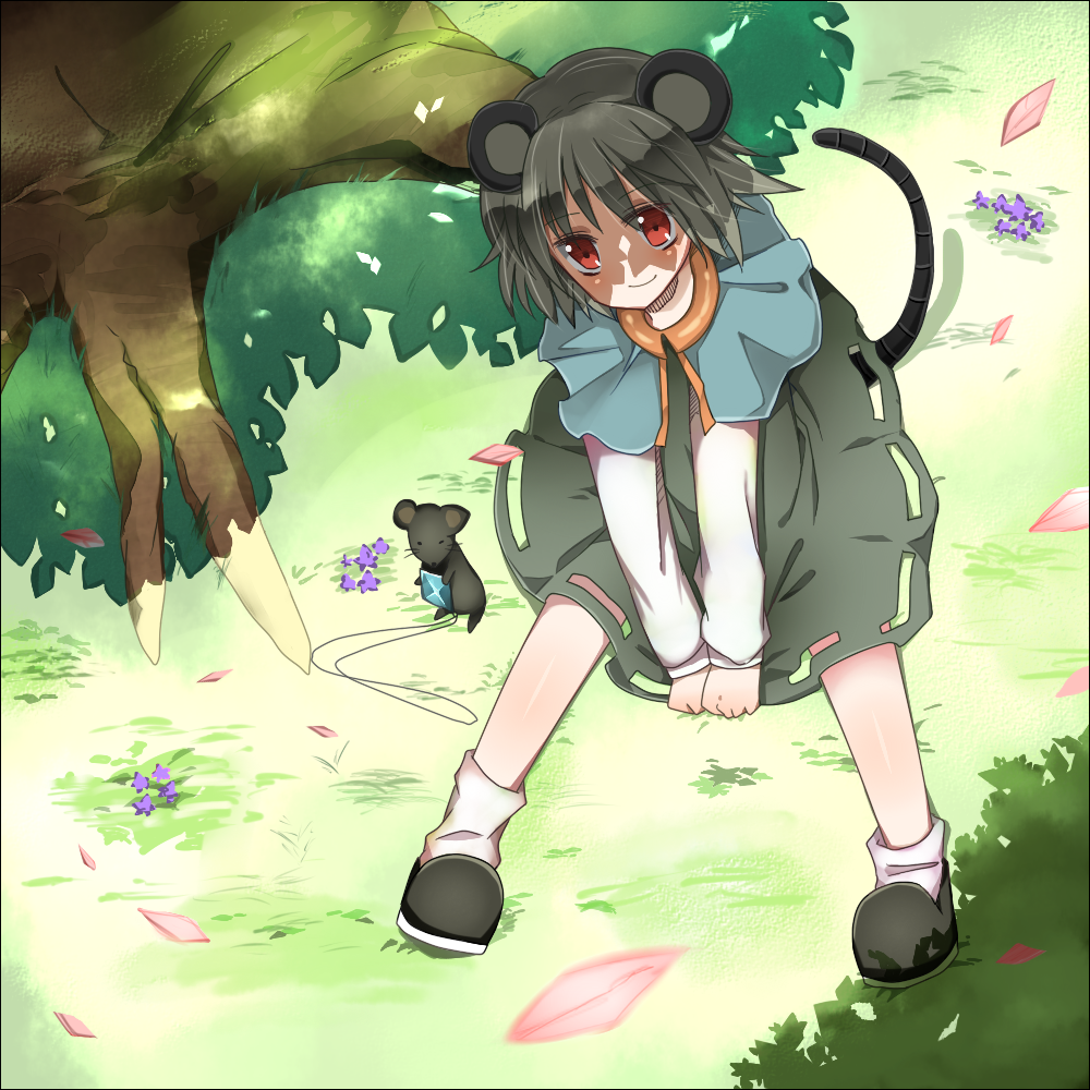 animal_ears bad_id bad_pixiv_id capelet dress grass hyouka_(rat_hut) jewelry mouse mouse_ears mouse_tail nazrin pendant sitting smile solo tail touhou tree v_arms