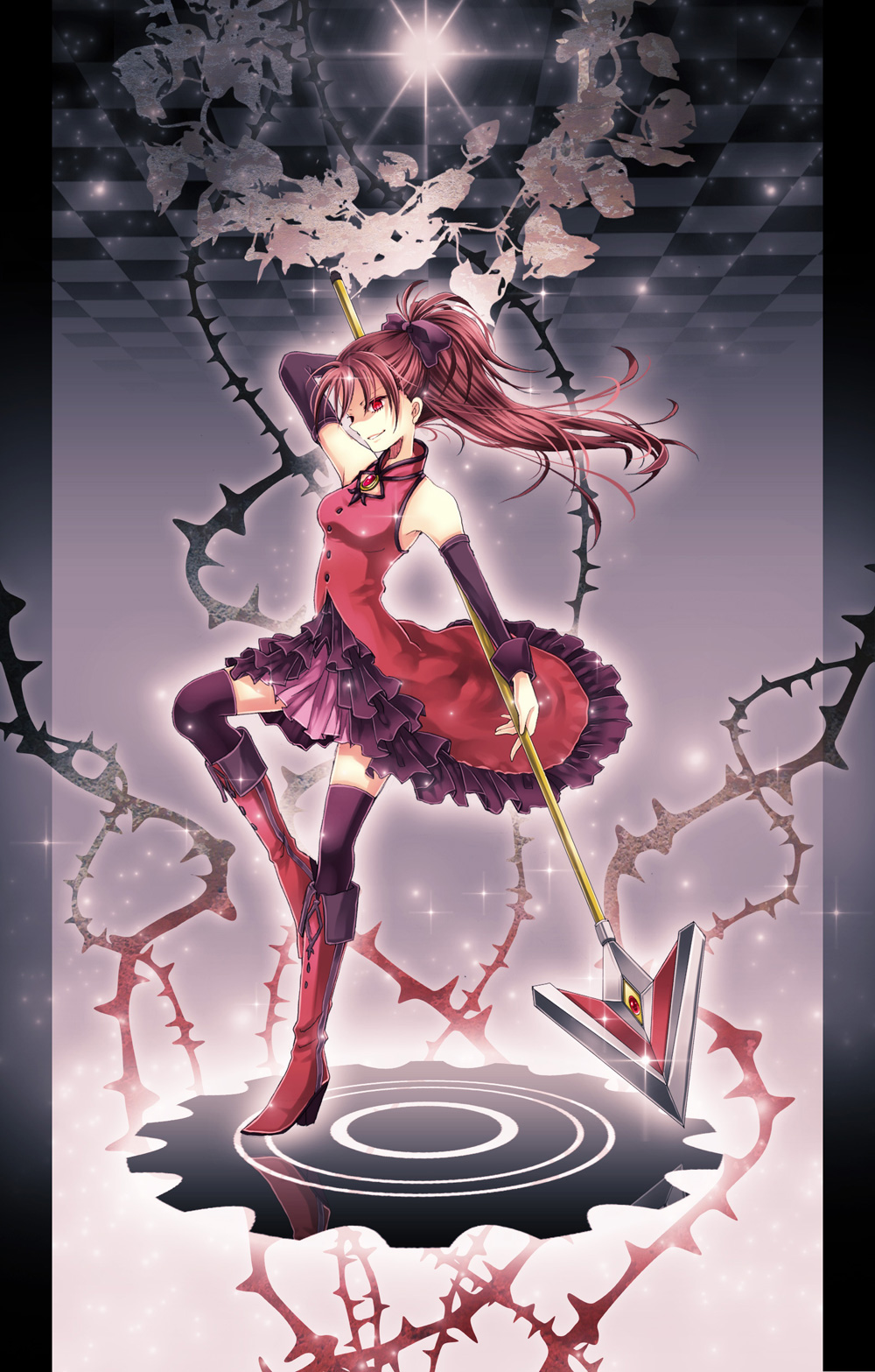 bare_shoulders black_legwear boots bow checkered checkered_floor dark_persona gears hair_bow highres lace long_hair magical_girl mahou_shoujo_madoka_magica mirusa plant polearm ponytail red_eyes red_hair sakura_kyouko solo spear thighhighs thorns vines weapon