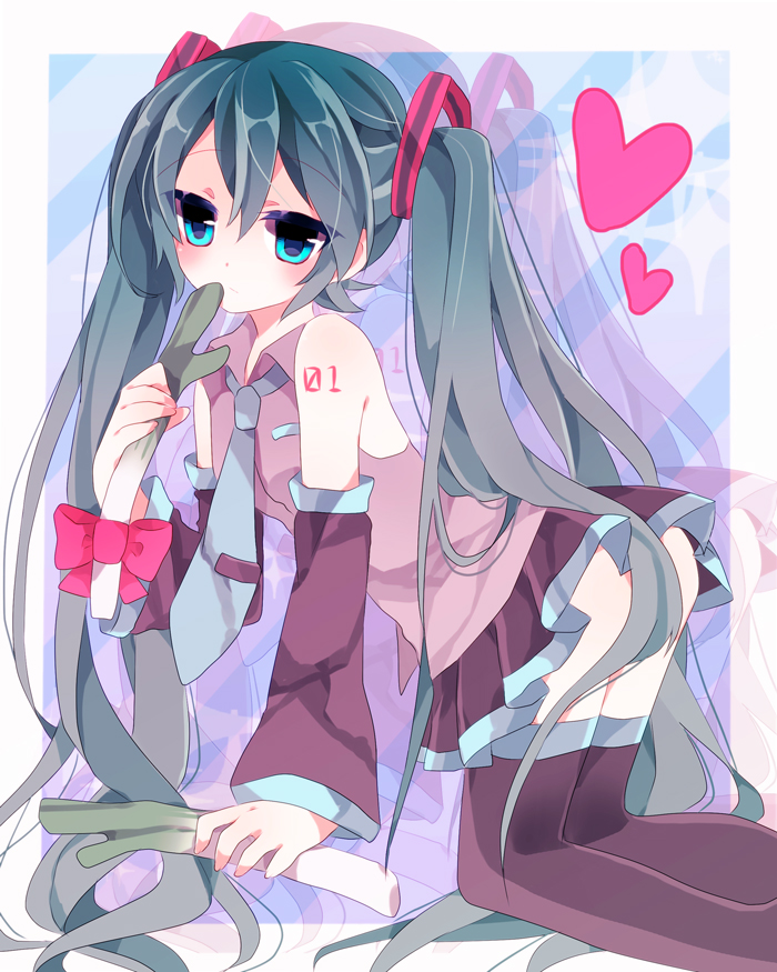 all_fours aqua_eyes bad_id bad_pixiv_id detached_sleeves green_hair hatsune_miku heart long_hair necktie poooka skirt solo spring_onion thighhighs twintails very_long_hair vocaloid