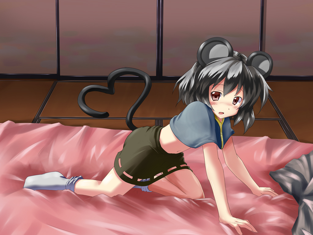all_fours animal_ears bad_id bad_pixiv_id bed blush grey_hair heart heart_tail kneeling midriff mouse_ears mouse_tail navel nazrin red_eyes revision ryogo short_hair skirt solo tail touhou