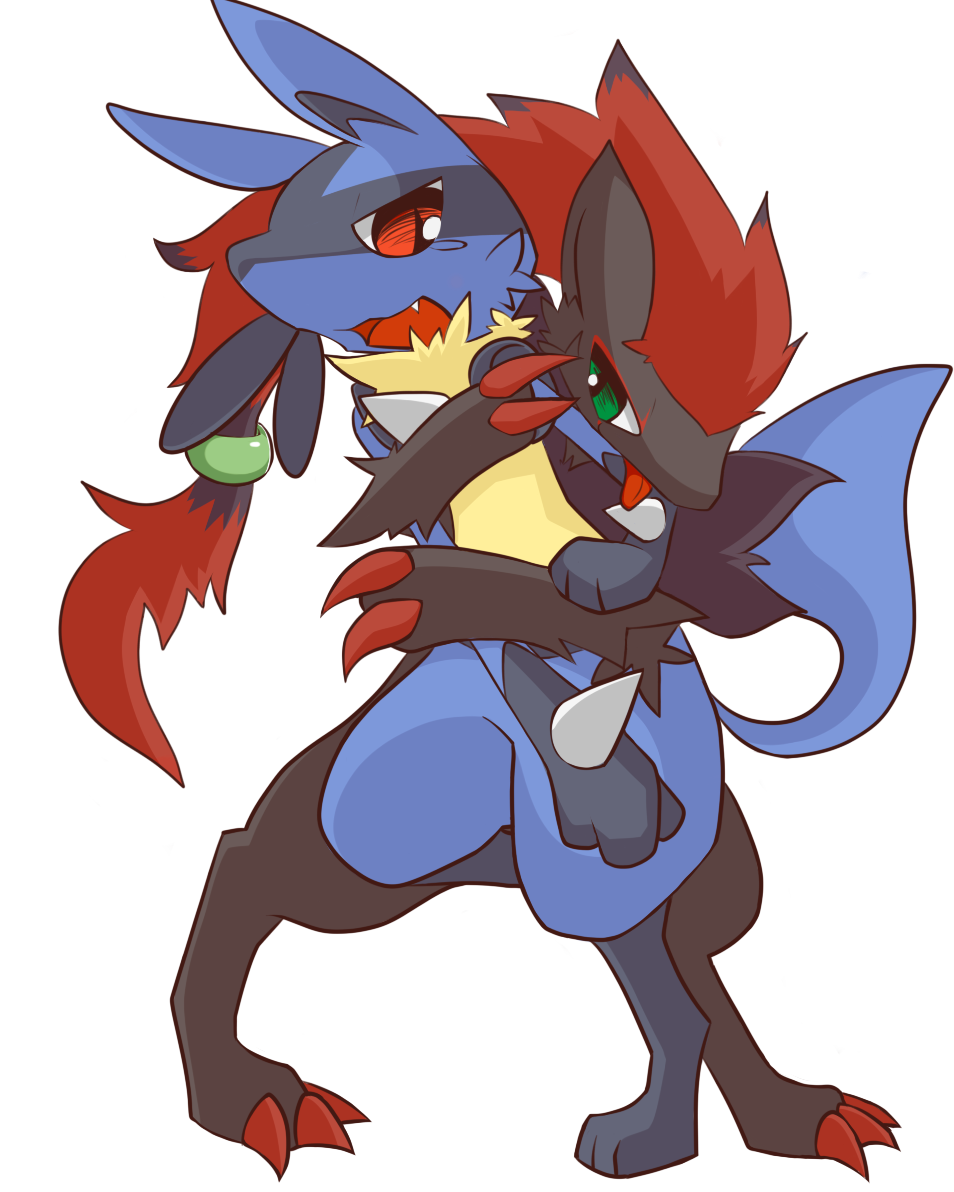 action_pose alpha_channel ambiguous_gender chest_spike claws cute_fangs duo fluffy hair happy hug lucario nintendo open_mouth paws pok&eacute;mon pok&eacute;mon_(species) pose shin_(artist) shoulder_tuft slit_pupils smile standing tears tongue tongue_out video_games zoroark