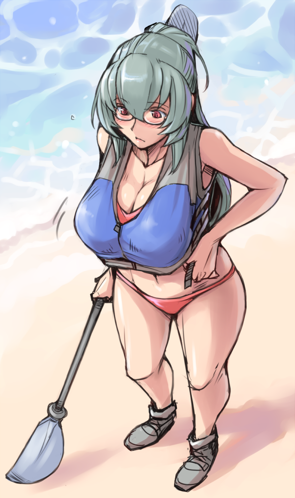 beach bespectacled bikini blush boots breasts cleavage day glasses large_breasts life_vest oar older outdoors red_eyes rozen_maiden silver_hair sketch solo suigintou swimsuit tsuda_nanafushi water