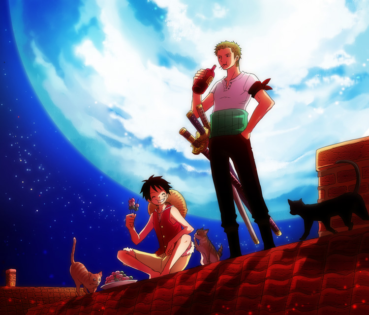 2boys animal bandanna black_cat black_cat_(animal) black_hair boots bottle cat chimney dango drinking earrings eating eyes_closed food green_hair grin happy haramaki hat jewelry male male_focus mocio monkey_d_luffy moon multiple_boys night one_piece pirate roof rooftop roronoa_zoro scar shirt short_hair shorts sitting smile standing star straw_hat sword t-shirt tile_roof wagashi weapon
