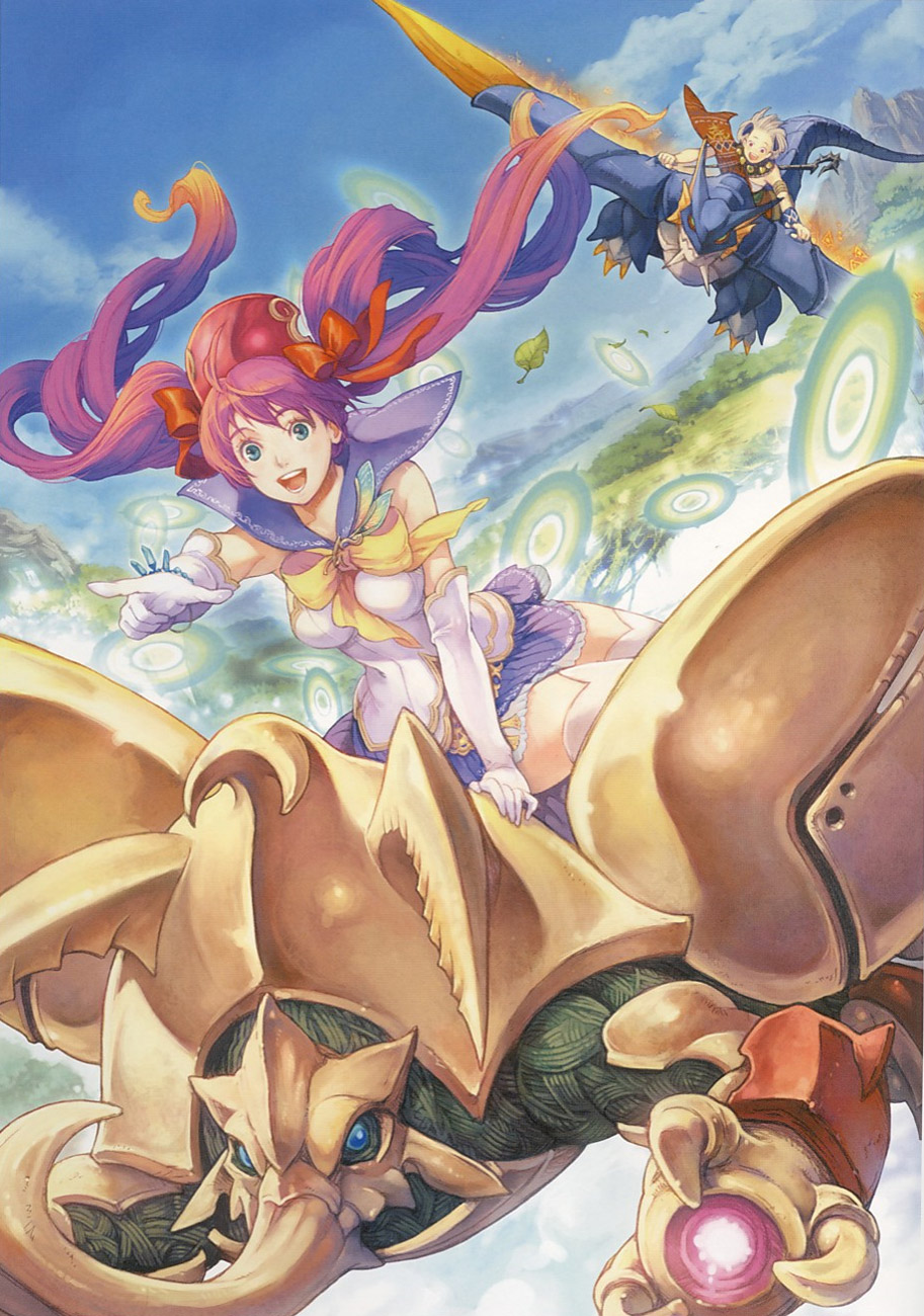 1girl :d bandeau beetle blue_eyes blue_sailor_collar blue_skirt bow bracelet bug cloud day dragon elbow_gloves gloves glowing gradient_hair green_eyes haccan hair_bow headdress highres hirow_(mushihime-sama) horns insect jewelry kiniro_(mushihime-sama) long_hair multicolored_hair mushihime-sama mushihime-sama_futari official_art open_mouth palm_(mushihime-sama) pointing purple_hair reco red_sclera riding sailor_collar silver_hair sitting skirt sky smile staff tail thighhighs twintails very_long_hair white_legwear wings yellow_bow zettai_ryouiki