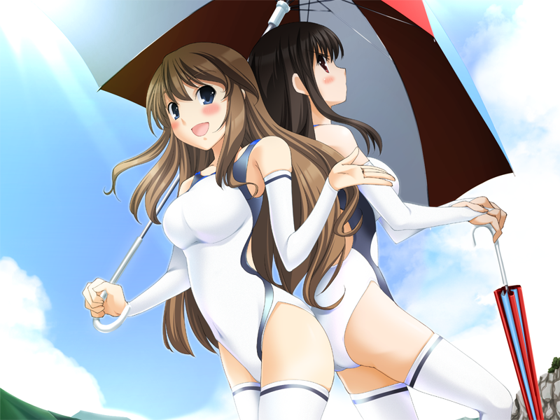 2girls bikini black_hair blue_eyes blue_sky blush breasts brown_hair cleavage cliffs cloud clouds footwear game_cg grass happy knee_highs koi_to_mizugi_to_taiyo_to landscape large_breasts legwear long_hair looking_back multiple_girls one-piece_swimsuit one_piece_swimsuit outdoors pose pov red_eyes sexy sky smile socks stockings swimsuit tan tanline thighhighs umbrella white_bikini white_swimsuit