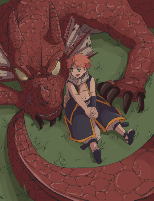 1boy abs boy claws dragon fairy_tail grass green_eyes happy haraheri_(2812085) horns igneel male male_focus monster muscle natsu_dragneel open_clothes open_shirt pink_hair sandals scarf shirt short_hair sitting smile yellow_eyes