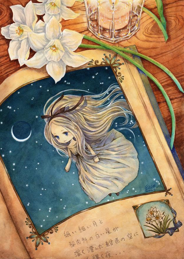 blonde_hair book book_focus candle crescent_moon daffodil dress eri-noa fairy flower flying glass hairband long_hair looking_away moon night night_sky no_nose original signature sky star_(sky) starry_sky still_life traditional_media translation_request watercolor_(medium) white_dress wood