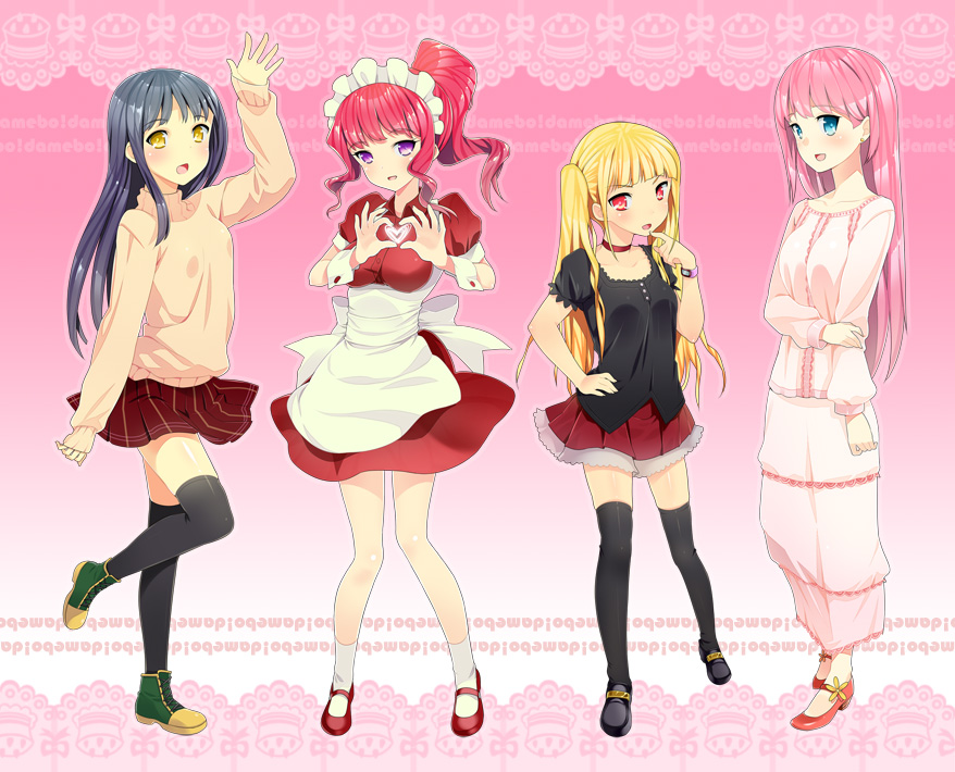 apron black_hair black_legwear black_thighhighs blonde_hair blue_eyes blush boots casual dress heart heart_hands high_heels long_hair maid maid_apron maid_headdress mary_janes multiple_girls open_mouth original pink_hair ponytail purple_eyes red_eyes red_hair shoes skirt smile thighhighs twintails yellow_eyes zettai_ryouiki zpolice