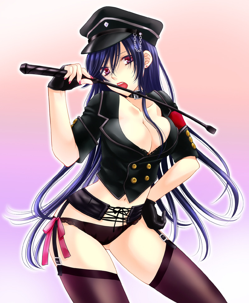 black_panties bra breasts cleavage collar duplicate fingerless_gloves gloves hat large_breasts licking lingerie long_hair military military_uniform nail_polish navel nazi no_pants open_clothes open_mouth open_shirt original panties peaked_cap purple_eyes purple_hair riding_crop sarasa-sasa shirt solo thighhighs tongue underwear uniform